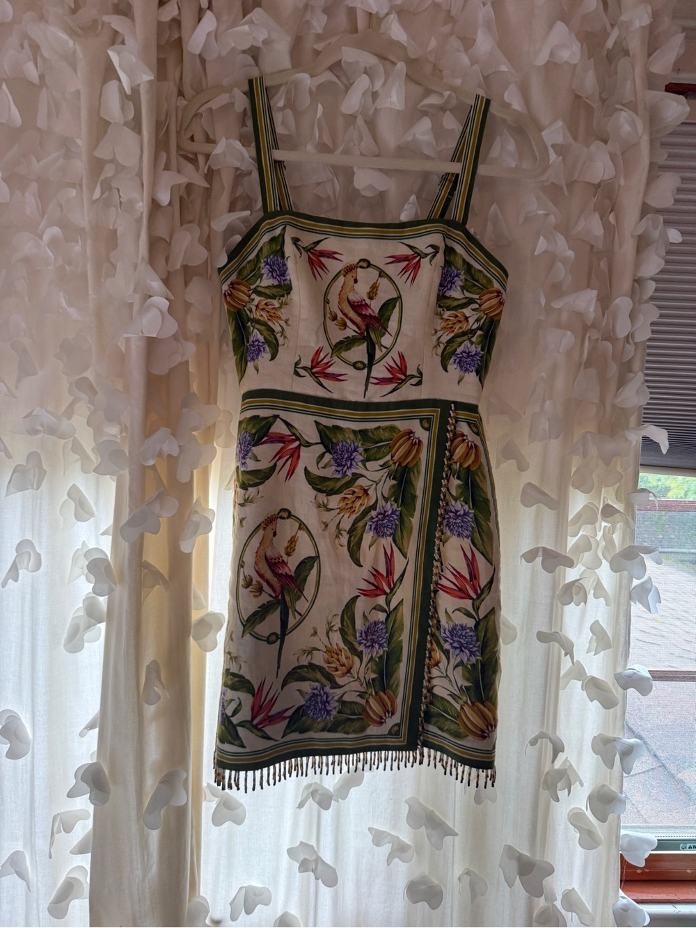 FARM Rio beaded fringe Mini Dress with Green Trim and Multicolor Bird Print - Picture 9 of 9